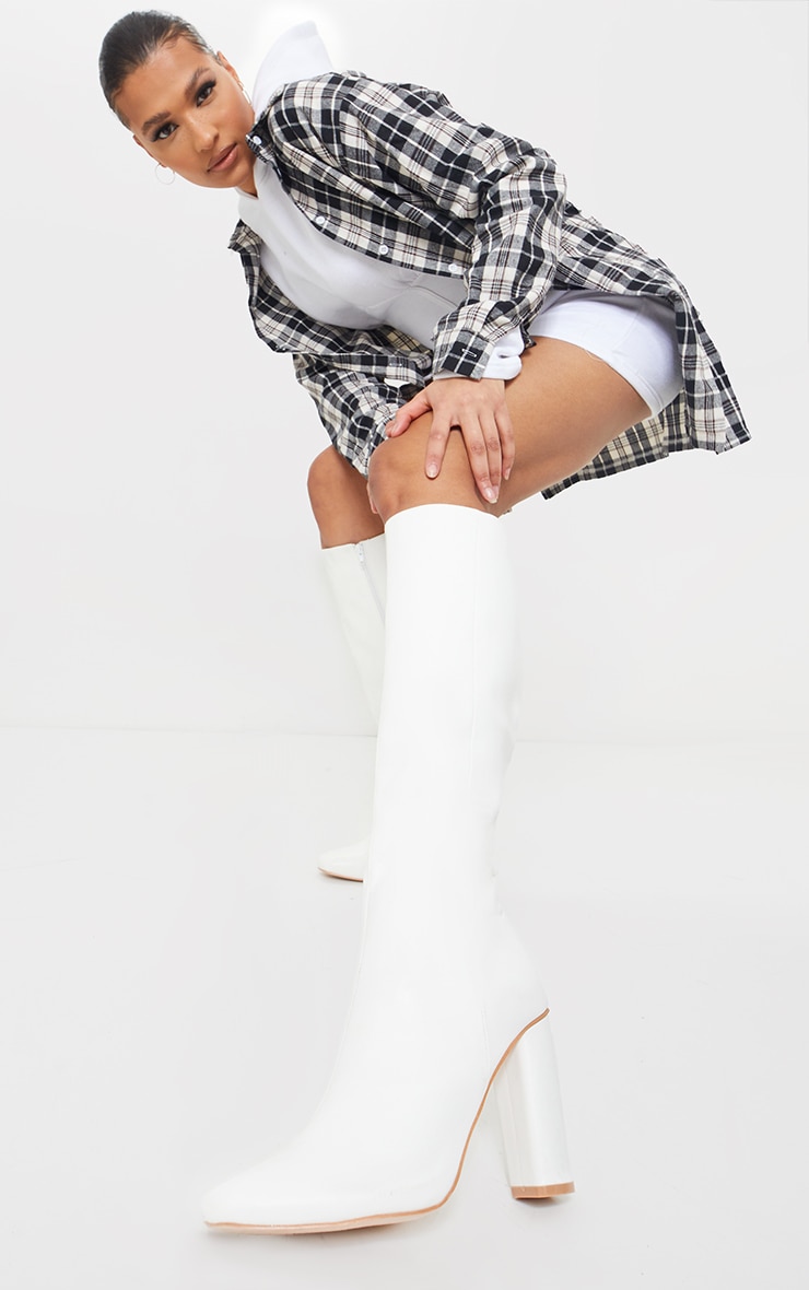 White Round Block Heel Knee High Boot|Footwear